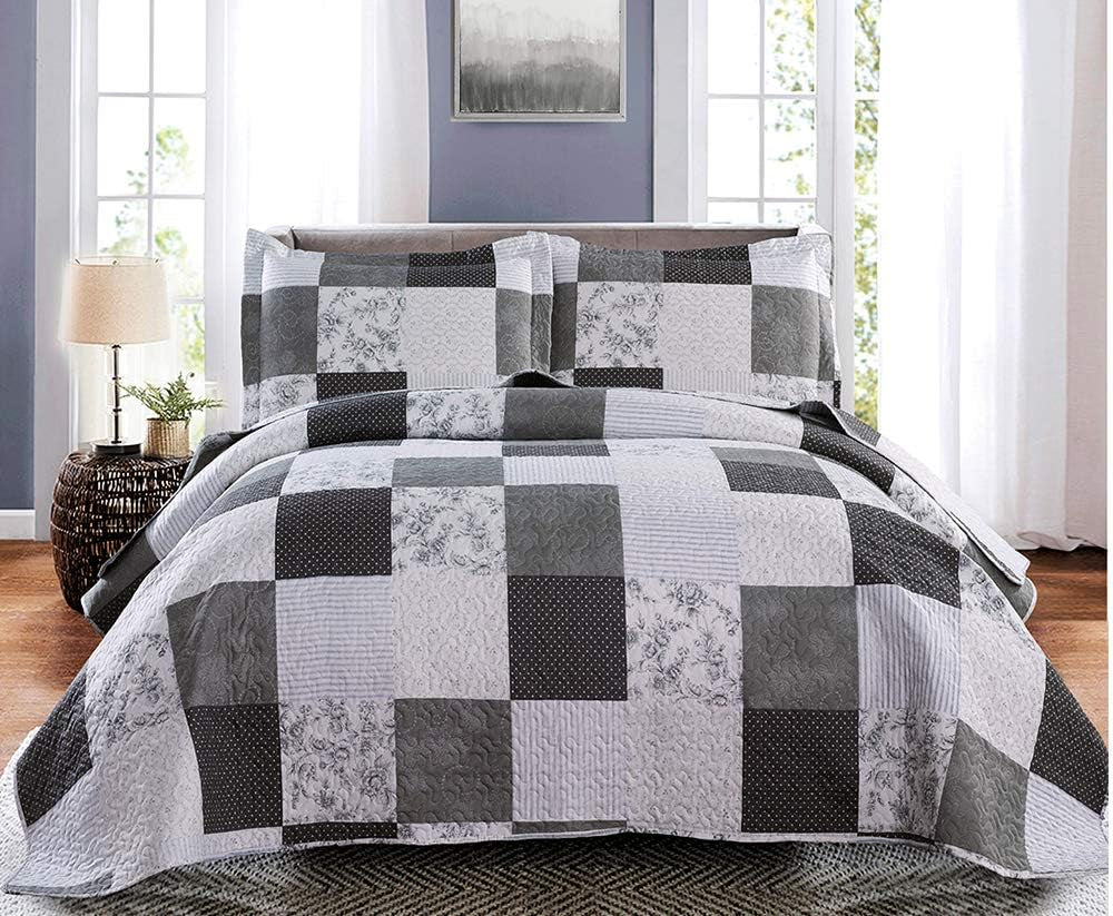King Floral & Plaid Patchwork Quilt Set - Lightweight Reversible Bedspread - Grey & Black White Paisley Floral Quilt