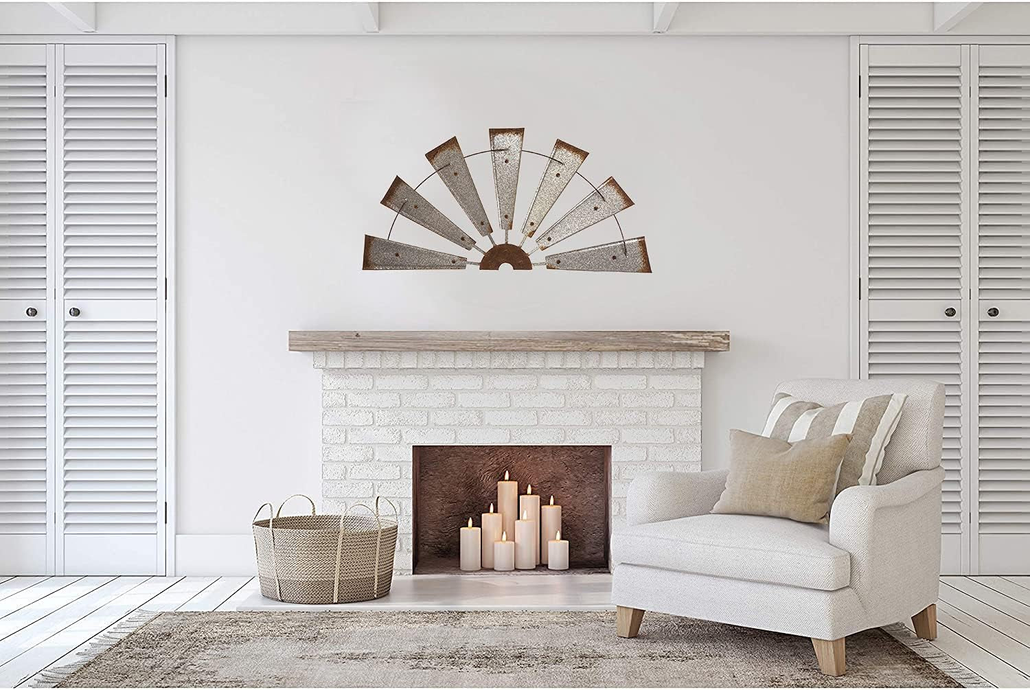 32" Rustic Galvanized Metal Half Windmill Wall Sculpture Farmhouse Wall Art Home Decor, Silver
