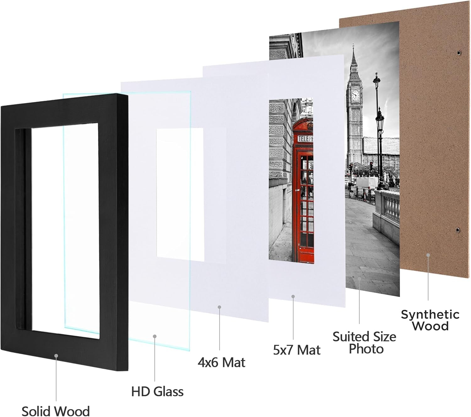 8X10 Picture Frame 4 Pack Made of Solid Wood and Strong Real Glass, Display 4X6 and 5X7 Photos with Mat or 8X10 without Mat, Home Decor for Wall and Tabletop, Gallery Gift Set, Black