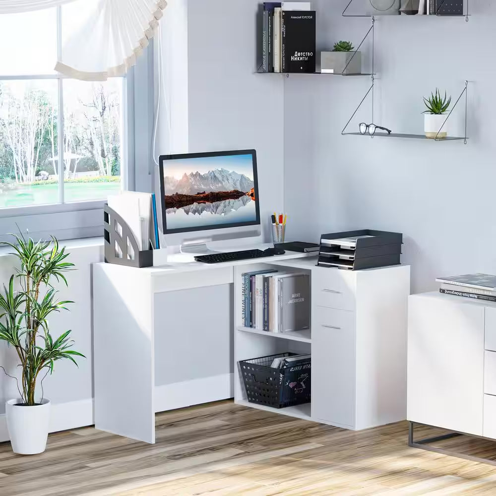 46 In. L-Shaped White Writing Computer Desk with Storage Shelves and Cabinet