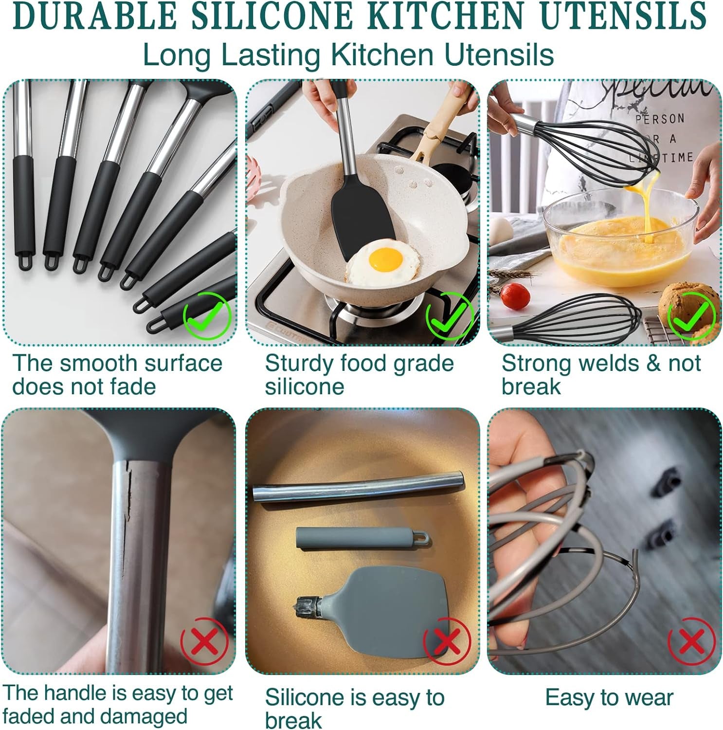 Silicone Cooking Utensil Set,  15Pcs Silicone Cooking Kitchen Utensils Set, Non-Stick - Best Kitchen Cookware with Stainless Steel Handle - Black Kitchen Utensils