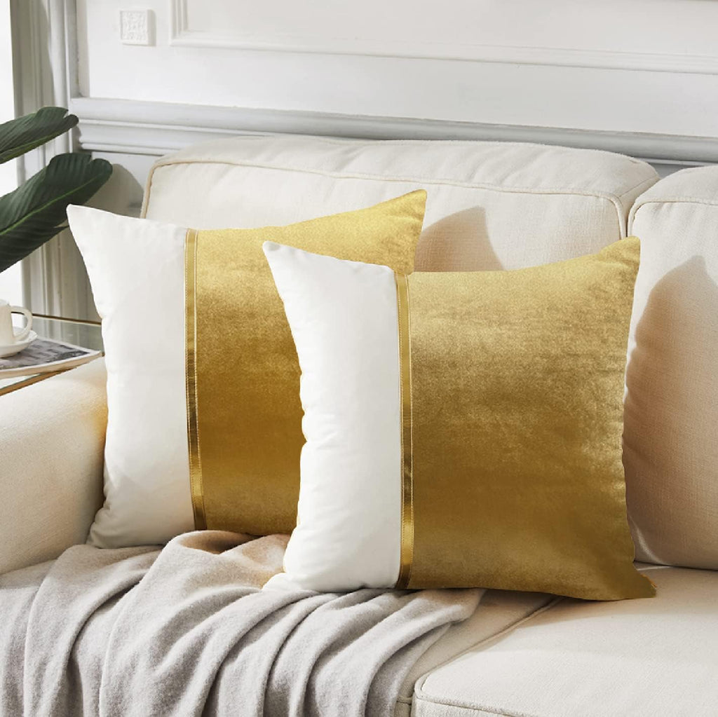 2 Pack Gold Euro Decorative Throw Pillow Covers 26X26 Inch for Living Room Couch Bed, Velvet Patchwork with Gold Leather, Luxury Home Decor Square Cushion Case 66X66 Cm
