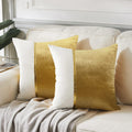 2 Pack Gold Euro Decorative Throw Pillow Covers 26X26 Inch for Living Room Couch Bed, Velvet Patchwork with Gold Leather, Luxury Home Decor Square Cushion Case 66X66 Cm