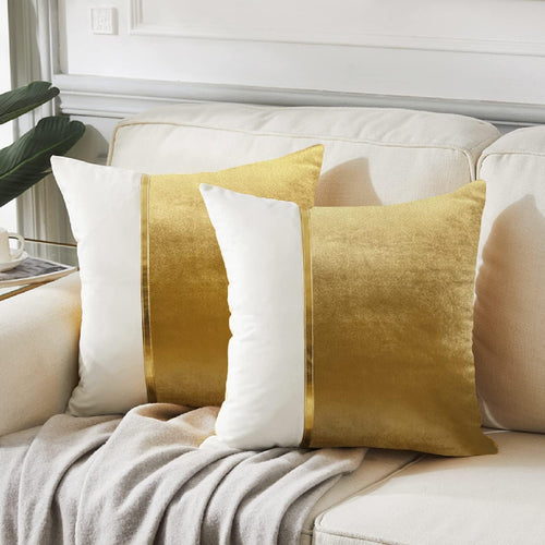 2 Pack Gold Euro Decorative Throw Pillow Covers 26X26 Inch for Living Room Couch Bed, Velvet Patchwork with Gold Leather, Luxury Home Decor Square Cushion Case 66X66 Cm