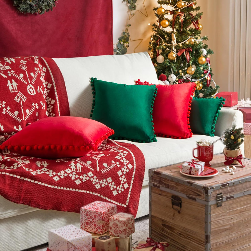 Red Pillow Covers 18X18 Inches Set of 2 Decorative Velvet Couch Throw Pillow Cover with Pom Poms Soft Square Sofa Pillow Cases for Bedroom Livingroom Home Decor