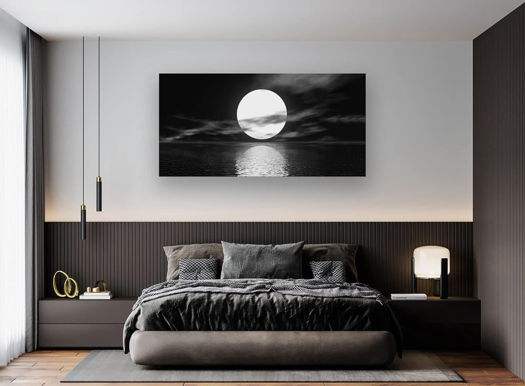 S06462 Wall Art Canvas Sea White Full Moon in Night Picture Canvas Poster Print Black and White Ocean for Living Room Bedroom Kitchen Home Decorations Framed Artwork