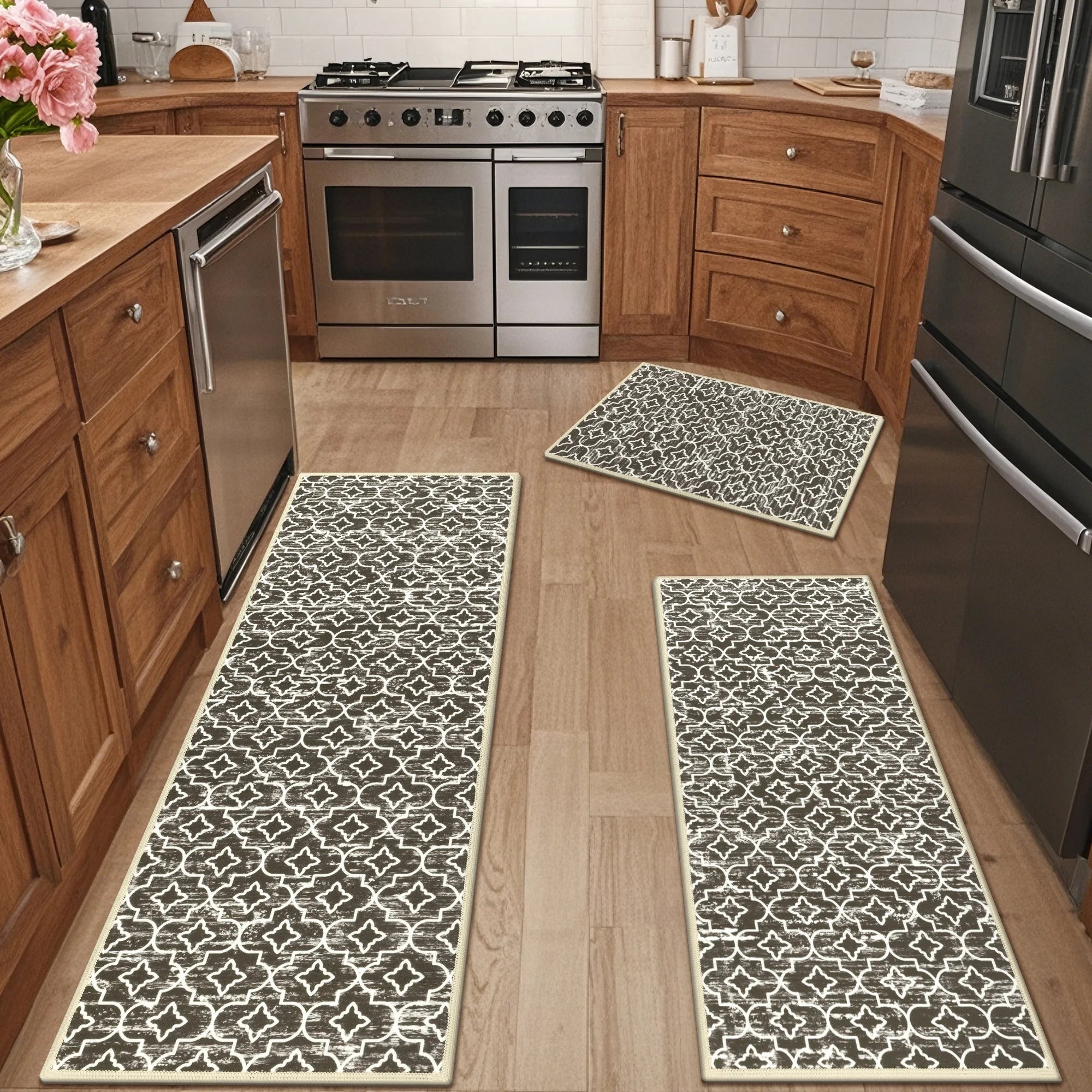 Brown Kitchen Rug Set 3 Piece, Non Slip Machine Washable Mats for Home Floor and Living Room