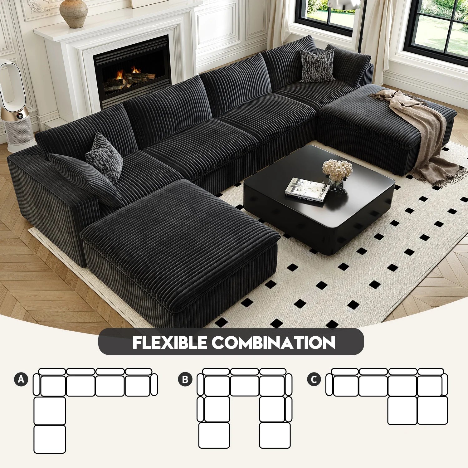 157.5" U Shaped Modern Sofa Modular Sectional Cloud Couch with 2 Ottoman,Deep Seat Upholstered Couches with Corduroy Fabric for Living Room Furniture,Bedroom and Apartment,No Assembly Required,Black