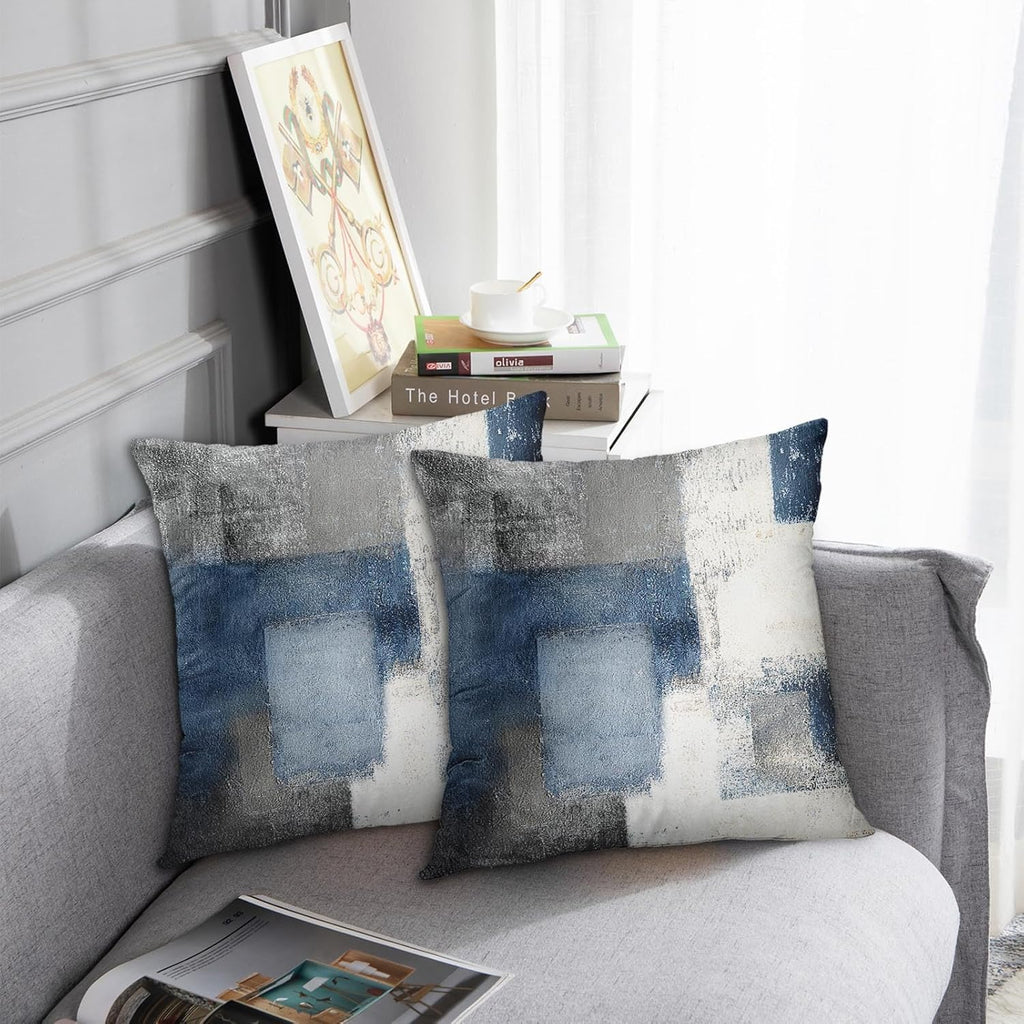Throw Pillow Covers Modern Home Art Decor, 18 X 18 Inches Set of 2 Pillow Cases Decorative, Abstract Oil Painting Pillowcases for Bedroom, Living Room, Cushion Couch Sofa, Navy Blue White