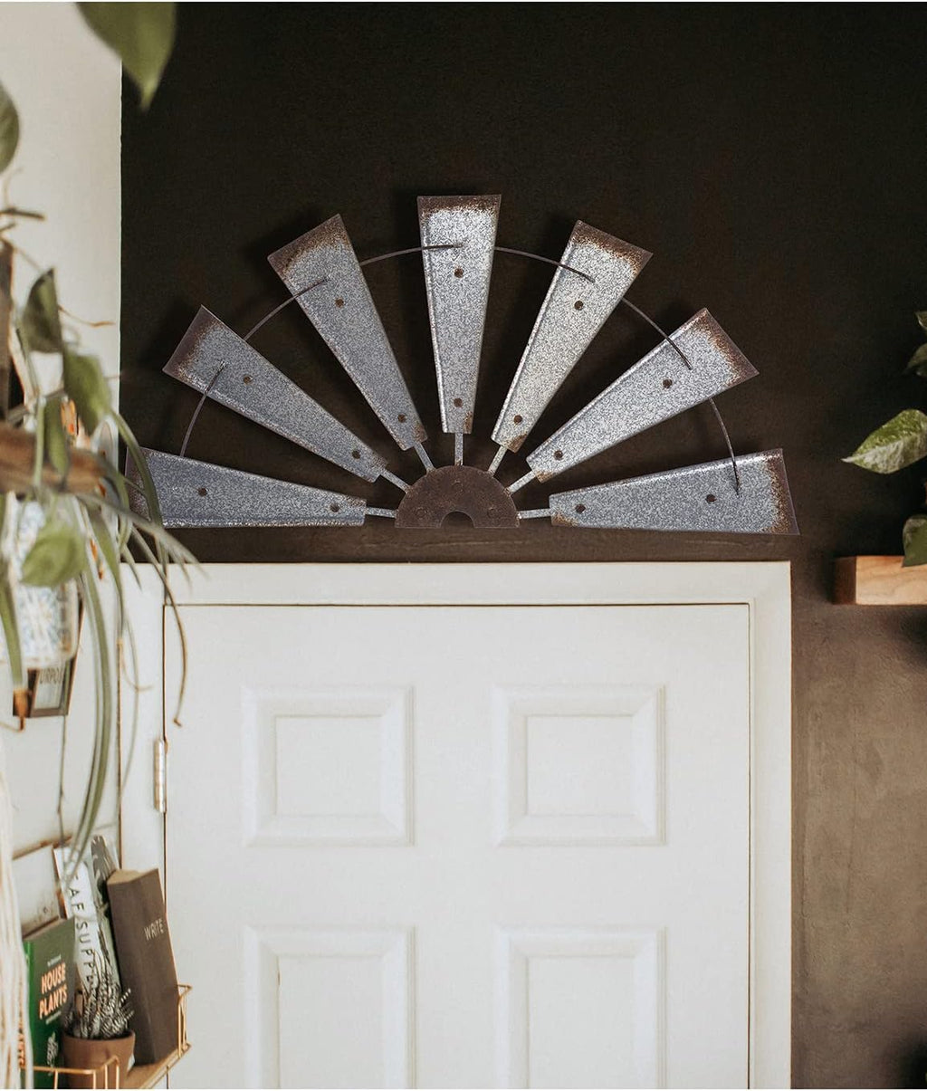 32" Rustic Galvanized Metal Half Windmill Wall Sculpture Farmhouse Wall Art Home Decor, Silver