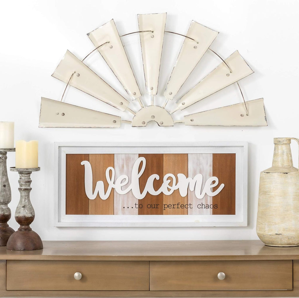 32" Rustic Galvanized Metal Half Windmill Wall Sculpture Farmhouse Wall Art Home Decor, Beige