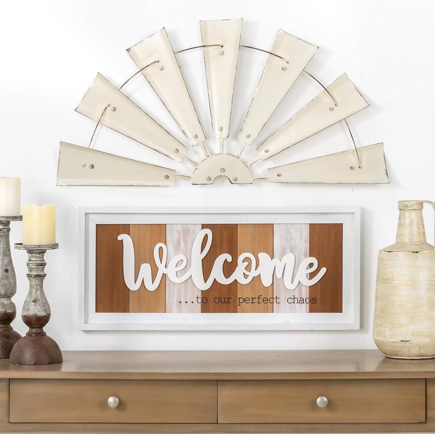 32" Rustic Galvanized Metal Half Windmill Wall Sculpture Farmhouse Wall Art Home Decor, Beige