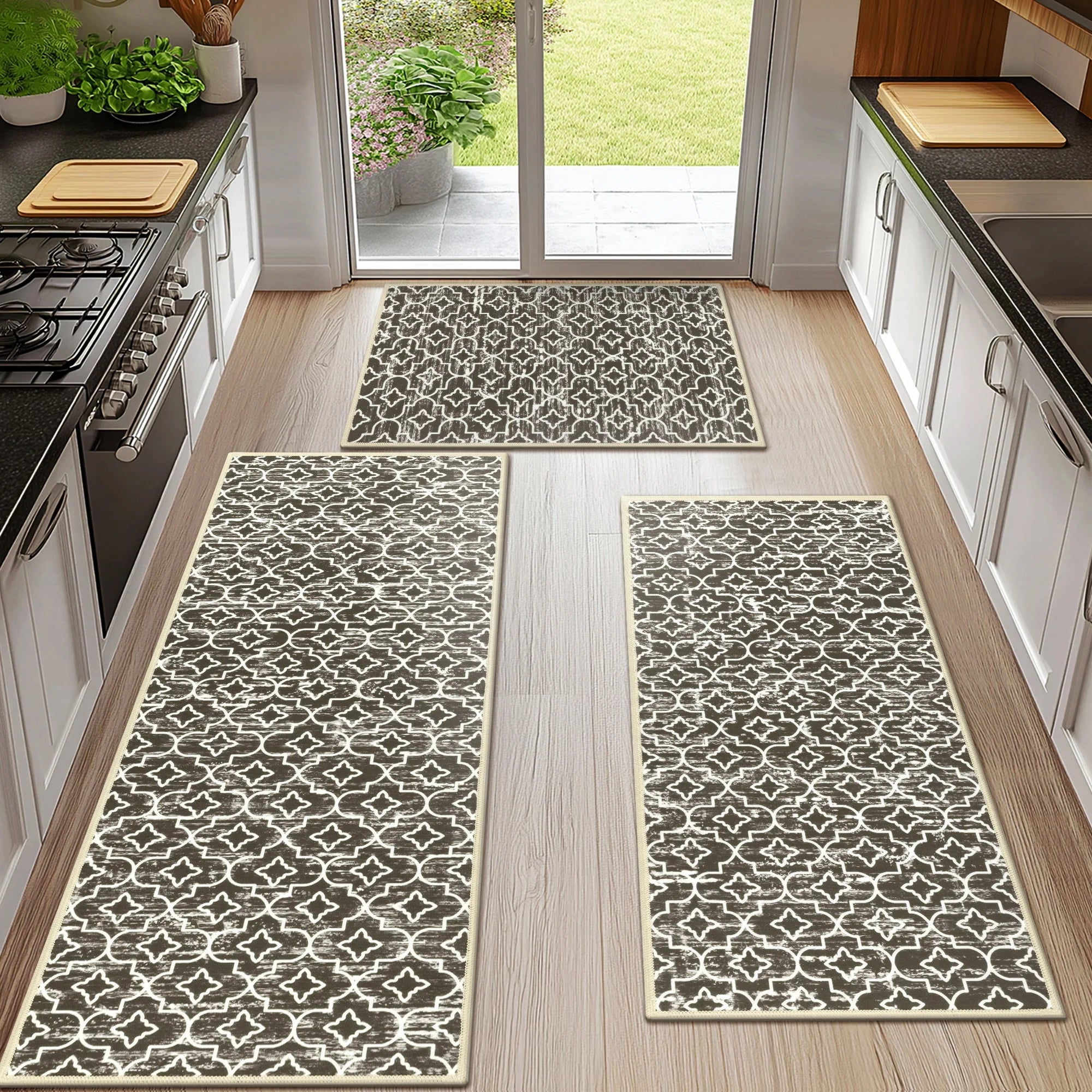 Brown Kitchen Rug Set 3 Piece, Non Slip Machine Washable Mats for Home Floor and Living Room