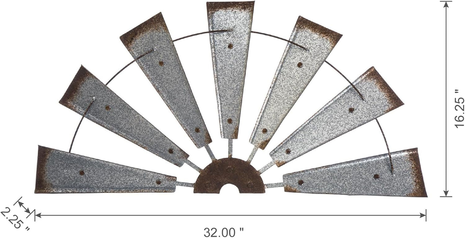 32" Rustic Galvanized Metal Half Windmill Wall Sculpture Farmhouse Wall Art Home Decor, Silver