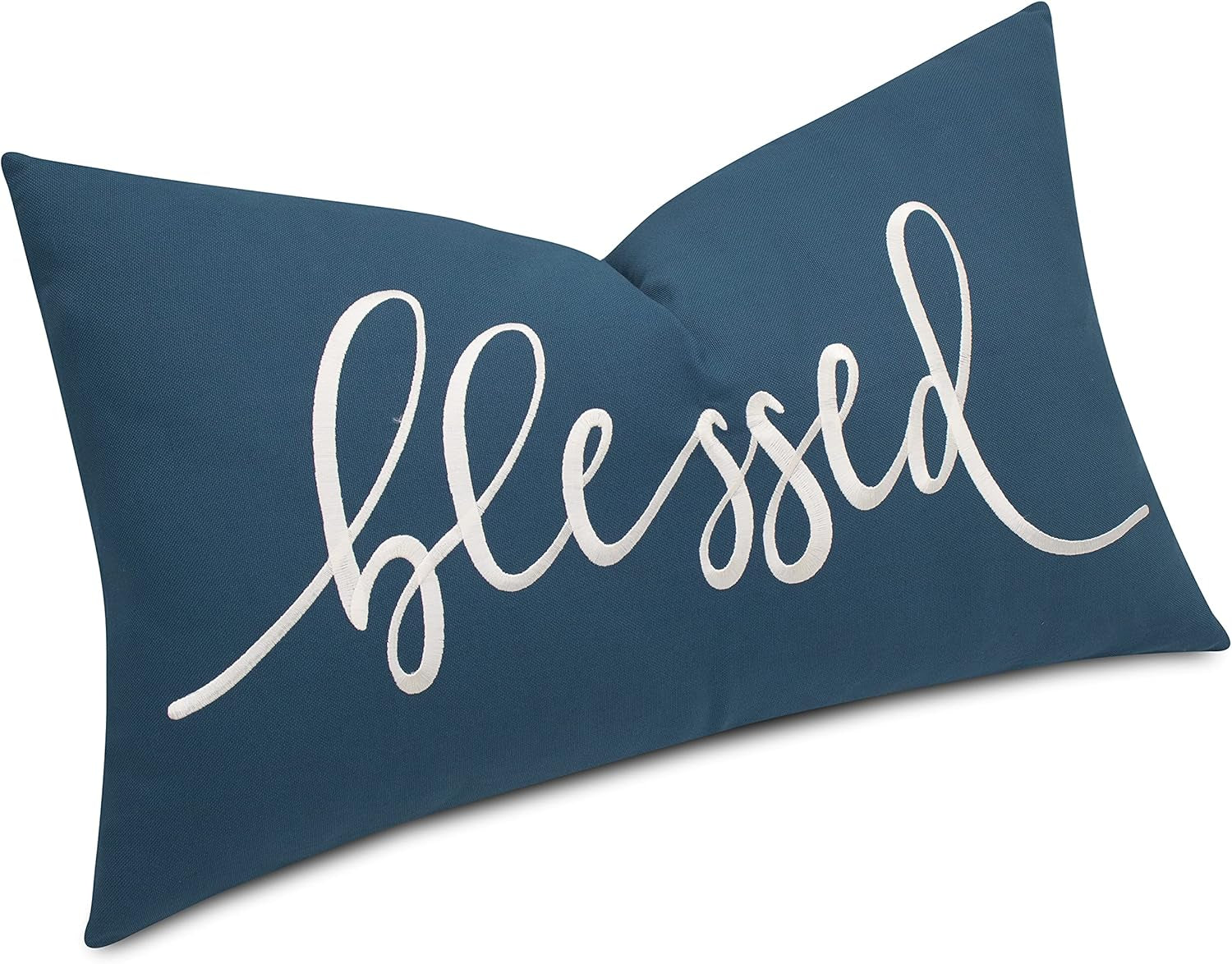 Blessed Lumbar Pillow Cover 12X20 – Teal Cotton Embroidered Throw Cushion – Christian Inspirational Faith Gift