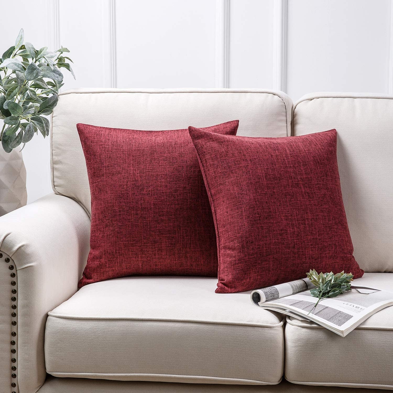 Throw Pillow Cover Textured Faux Linen Series Decorative Cushion Covers for Home Decor Sofa Pack of 2, Rose Red 18 X 18 Inches 45 X 45 Cm