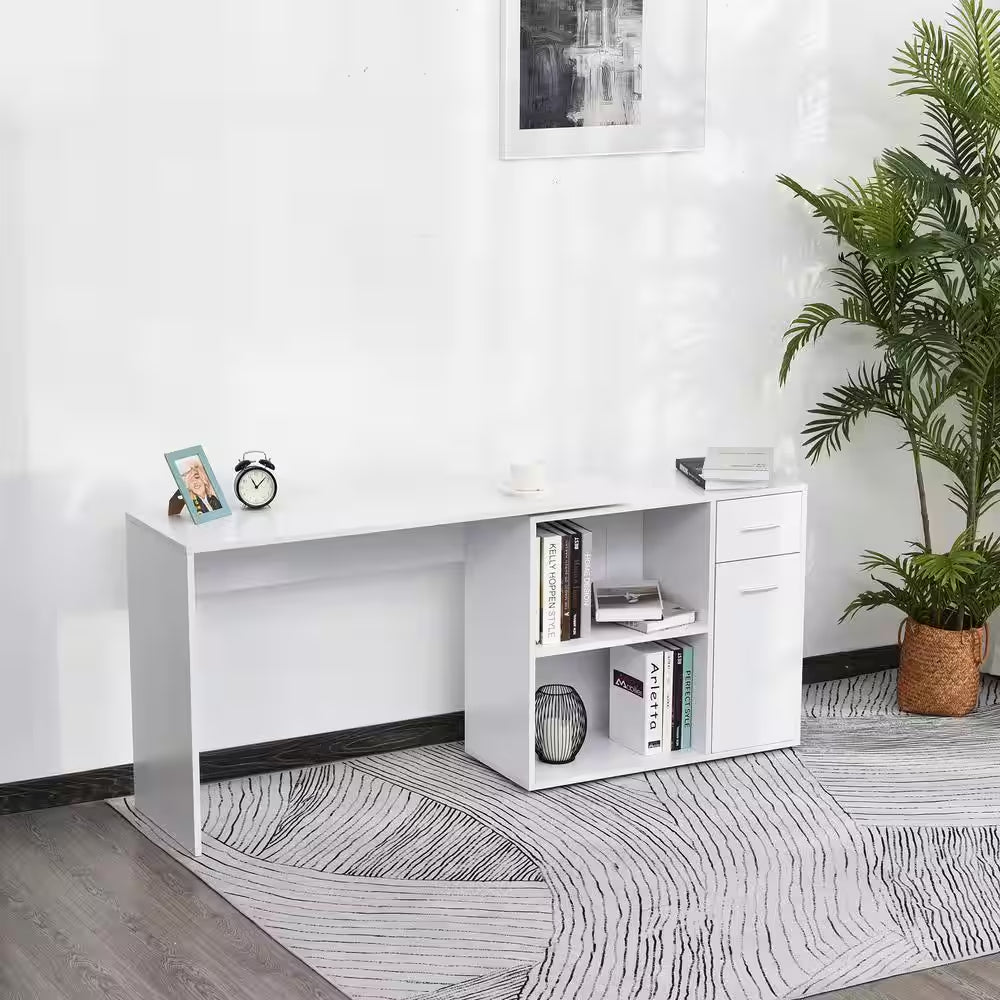 46 In. L-Shaped White Writing Computer Desk with Storage Shelves and Cabinet