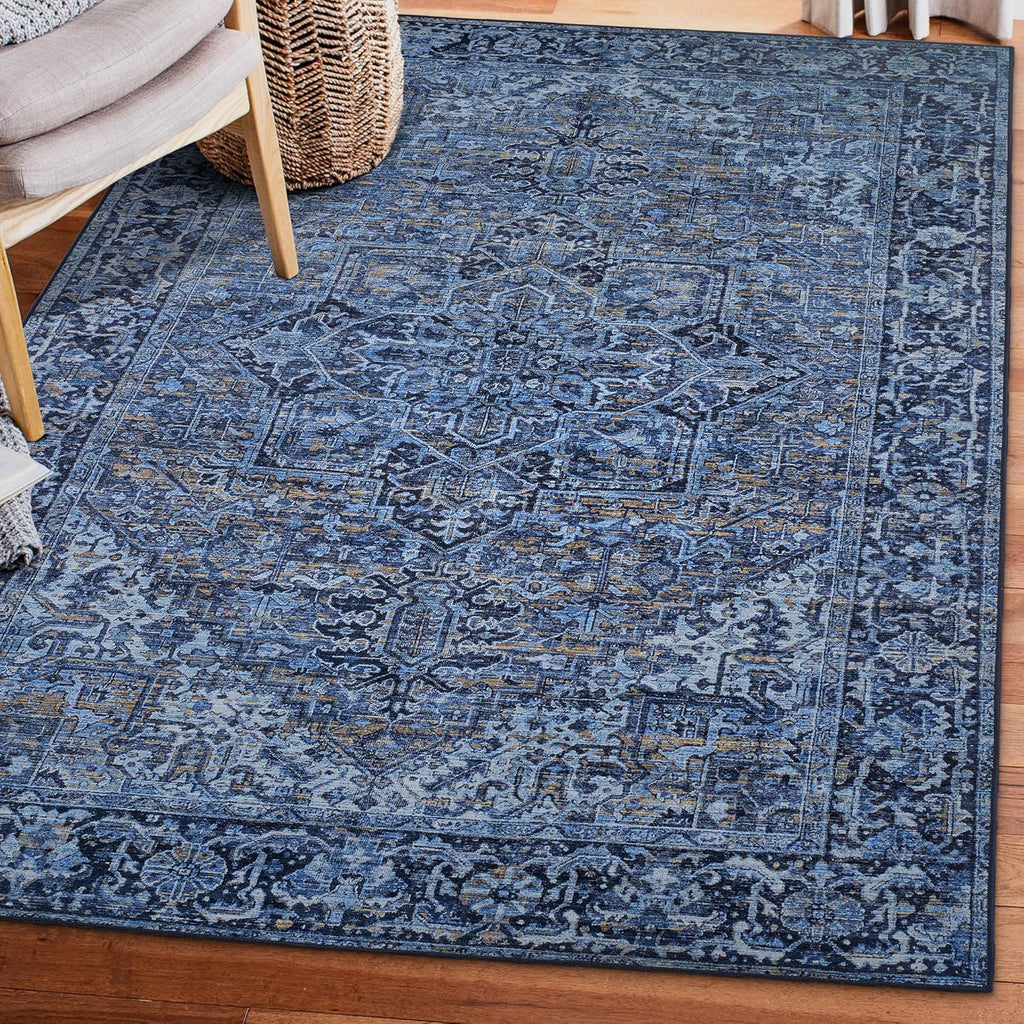 Machine Washable Area Rug - Living Room Bedroom Bathroom Kitchen Entryway Office - Padded Low Pile Stain Resistant Premium - Boho Vintage Traditional - Lyle - Blue 7'6" X 9'6"