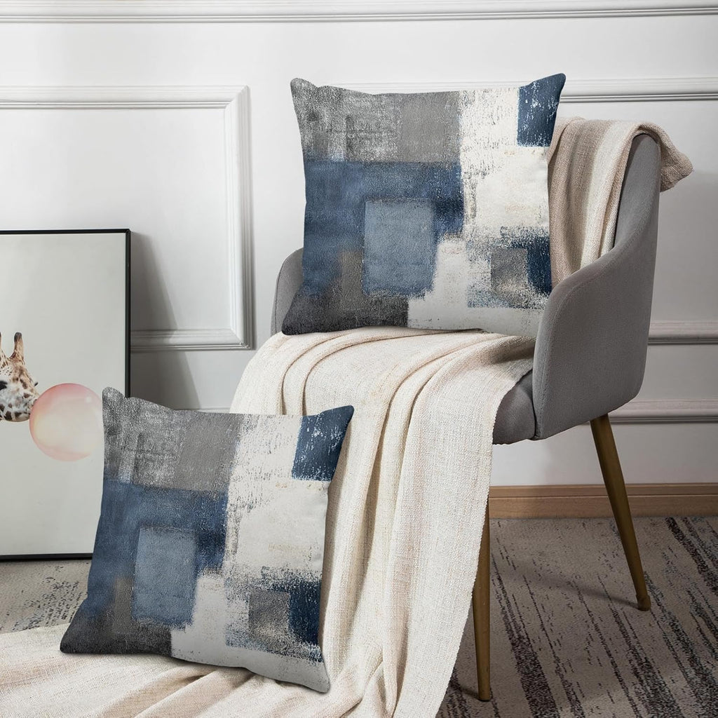 Throw Pillow Covers Modern Home Art Decor, 18 X 18 Inches Set of 2 Pillow Cases Decorative, Abstract Oil Painting Pillowcases for Bedroom, Living Room, Cushion Couch Sofa, Navy Blue White
