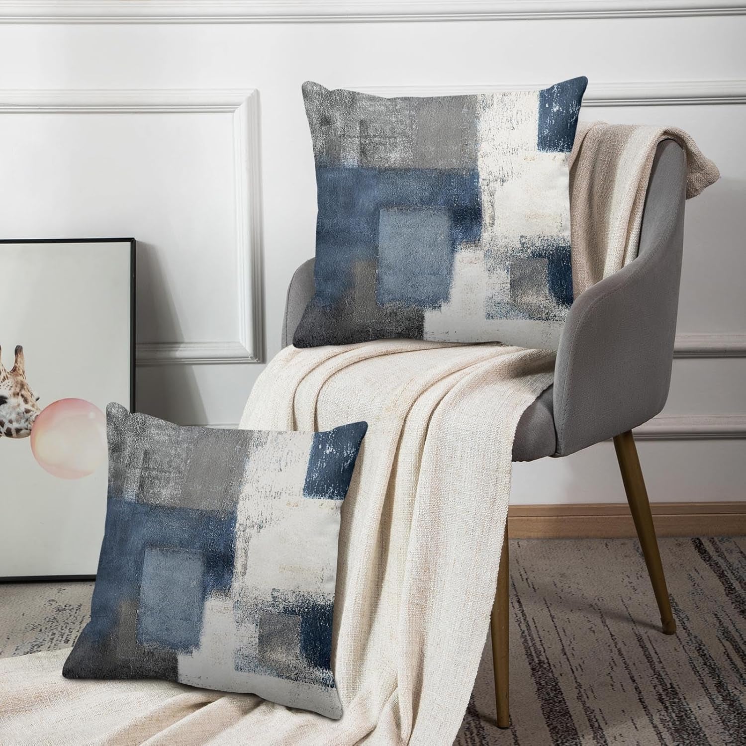 Throw Pillow Covers Modern Home Art Decor, 18 X 18 Inches Set of 2 Pillow Cases Decorative, Abstract Oil Painting Pillowcases for Bedroom, Living Room, Cushion Couch Sofa, Navy Blue White