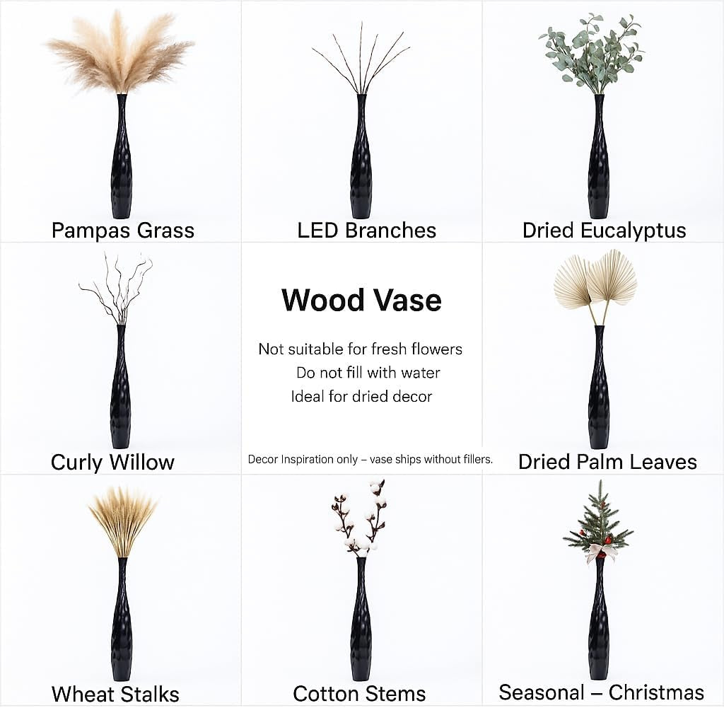 Large Black Home Decor Floor Vase - Wooden 26 Inch Tall Farmhouse Decor Flower Holder for Fake Plant and Pampas Grass