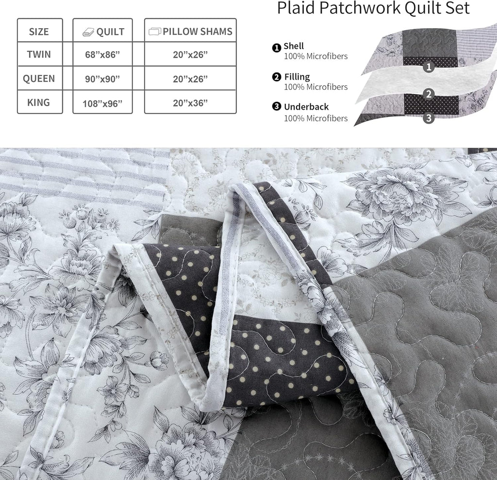 King Floral & Plaid Patchwork Quilt Set - Lightweight Reversible Bedspread - Grey & Black White Paisley Floral Quilt