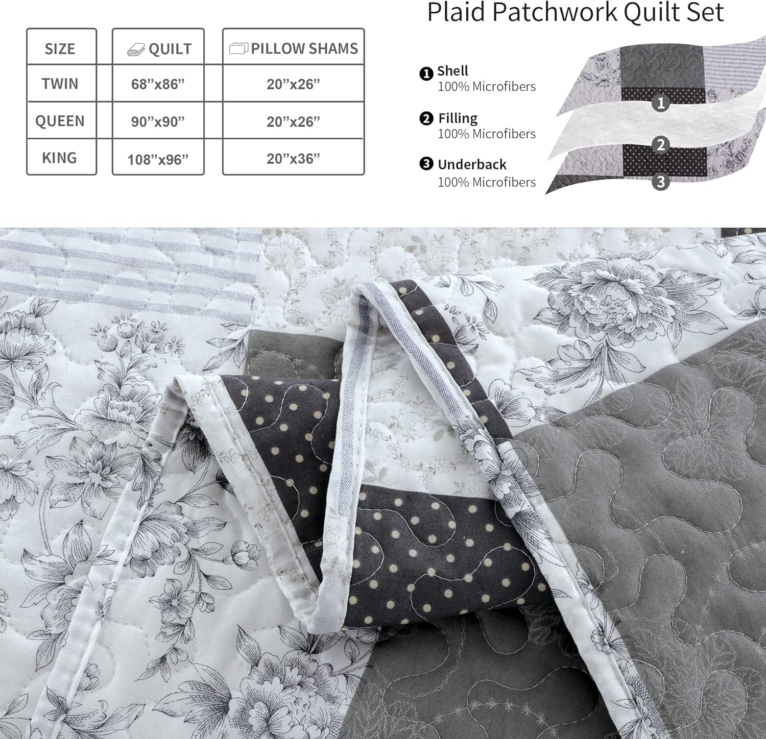 King Floral & Plaid Patchwork Quilt Set - Lightweight Reversible Bedspread - Grey & Black White Paisley Floral Quilt