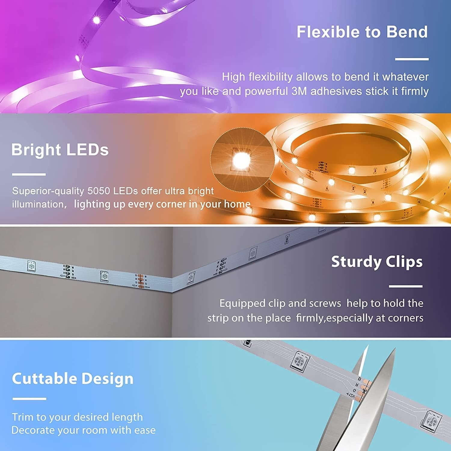 Smart APP Control Music Sync RGB Color Changing Led Strip Lights - 30Ft for Bedroom, Kitchen and Party