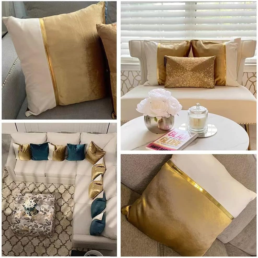2 Pack Gold Euro Decorative Throw Pillow Covers 26X26 Inch for Living Room Couch Bed, Velvet Patchwork with Gold Leather, Luxury Home Decor Square Cushion Case 66X66 Cm