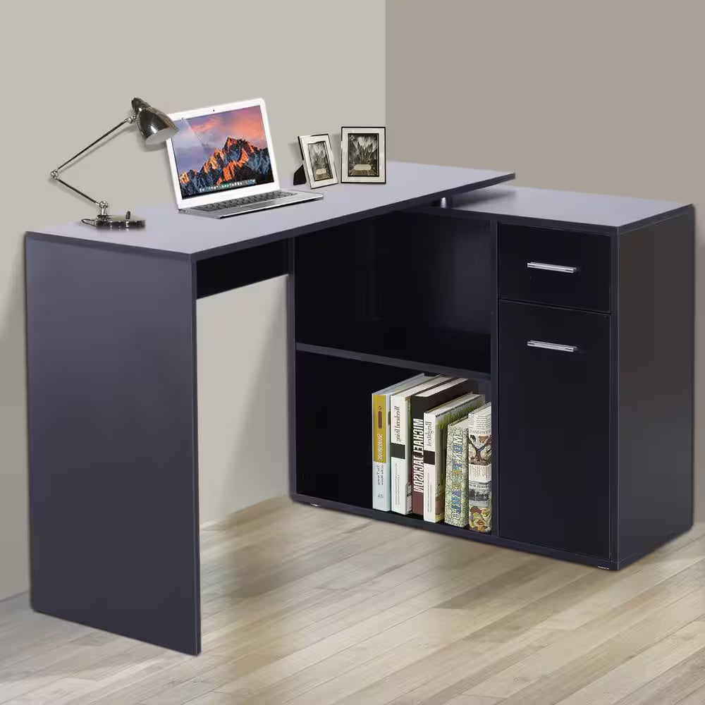 46 In. L-Shaped Black Writing Computer Desk with Storage Shelves and Cabinet