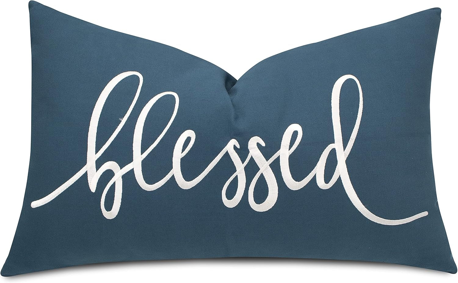 Blessed Lumbar Pillow Cover 12X20 – Teal Cotton Embroidered Throw Cushion – Christian Inspirational Faith Gift