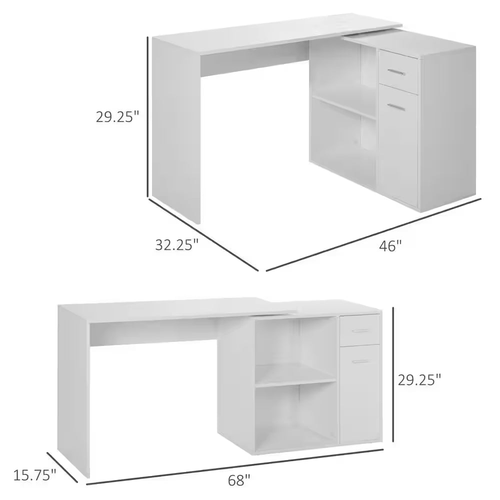 46 In. L-Shaped White Writing Computer Desk with Storage Shelves and Cabinet