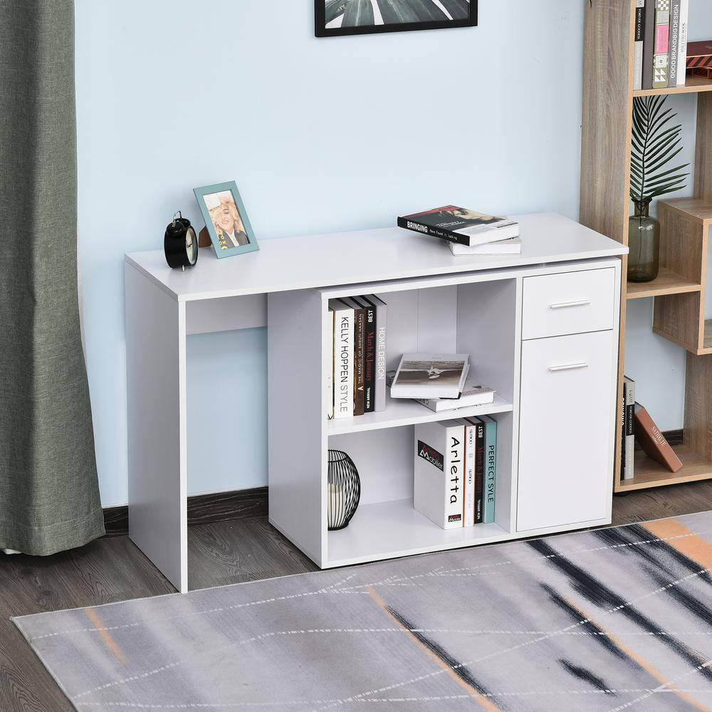 46 In. L-Shaped White Writing Computer Desk with Storage Shelves and Cabinet