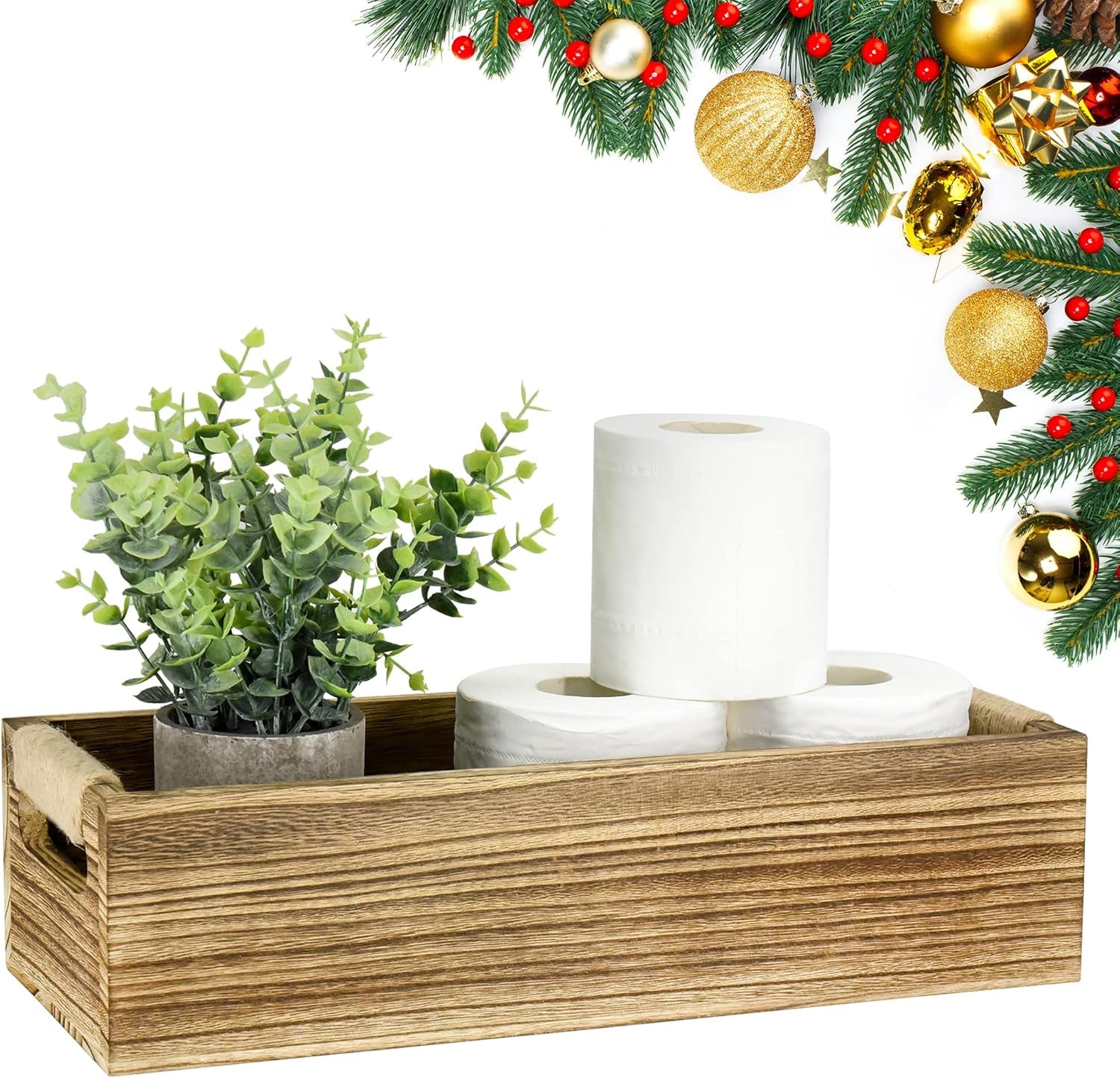 Bathroom Decor Box Toilet Paper Holder Wood Tank Box Paper Storage Basket with Artificial Flower Bathroom Kitchen Table Counter Funny Farmhouse Rustic Home Decor