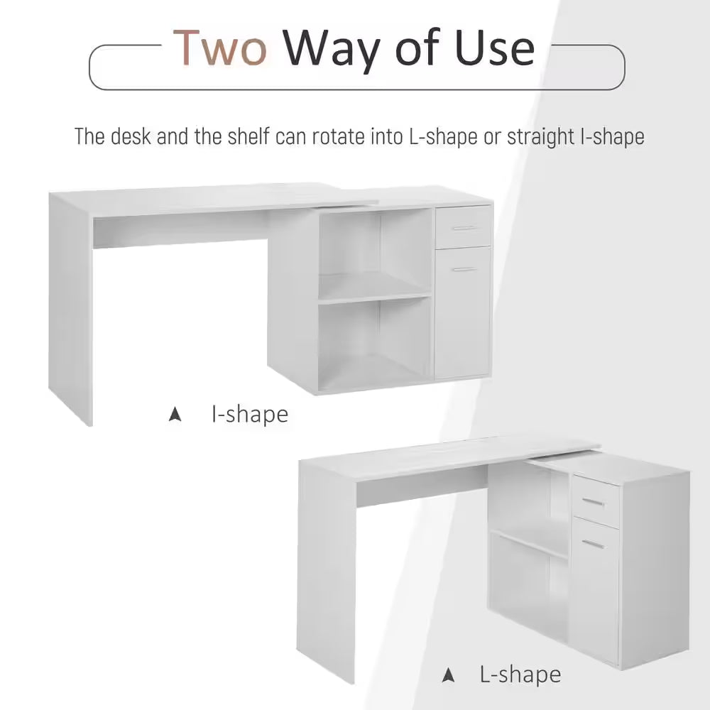 46 In. L-Shaped White Writing Computer Desk with Storage Shelves and Cabinet