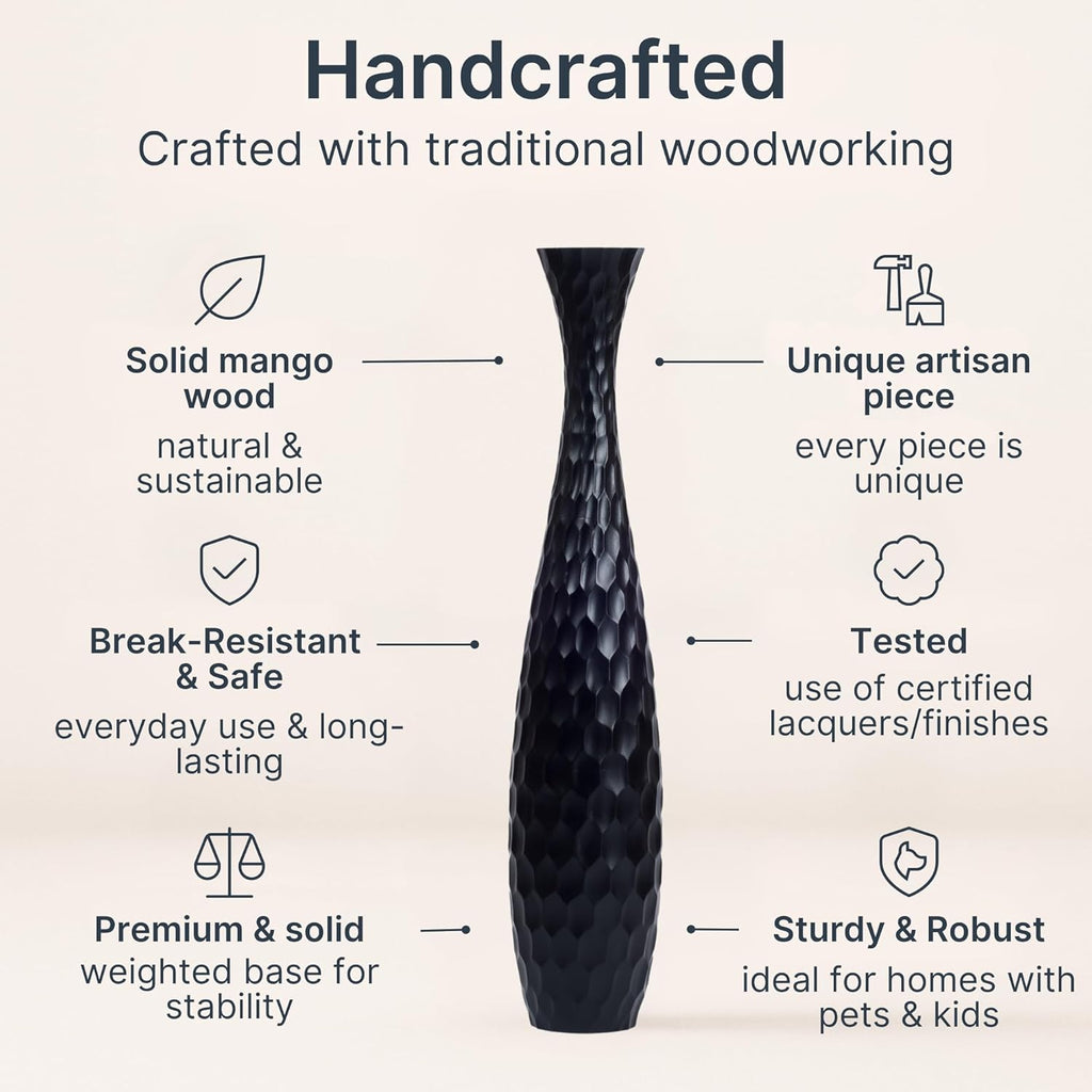 Large Black Home Decor Floor Vase - Wooden 26 Inch Tall Farmhouse Decor Flower Holder for Fake Plant and Pampas Grass