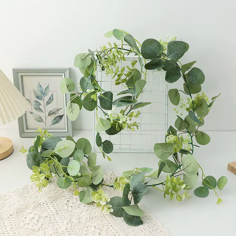 180Cm 1Pc Artificial Eucalyptus Leaves Greenery Garland Faux Plant Spring Vine with White Flowers Berries for Wedding Home Decor