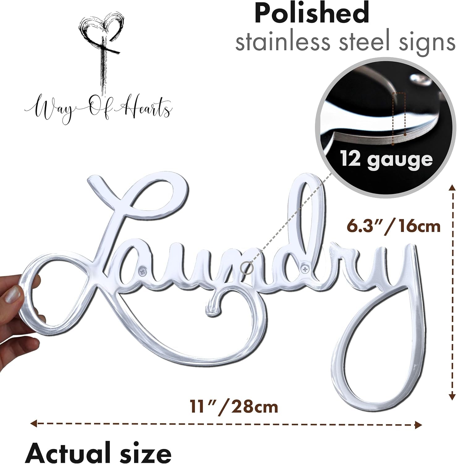 Metal Laundry Sign for Wall Decor - Silver, 11 X 6.3 Inches Laundry Room Decor - Hand Polished Stainless Steel with Installation Kit - Metal Script Words Decoration