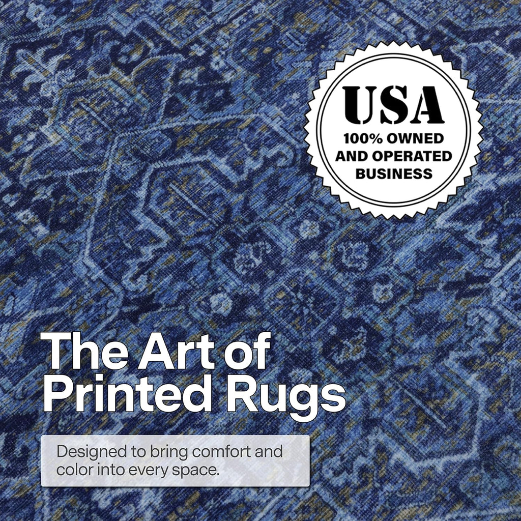 Machine Washable Area Rug - Living Room Bedroom Bathroom Kitchen Entryway Office - Padded Low Pile Stain Resistant Premium - Boho Vintage Traditional - Lyle - Blue 7'6" X 9'6"