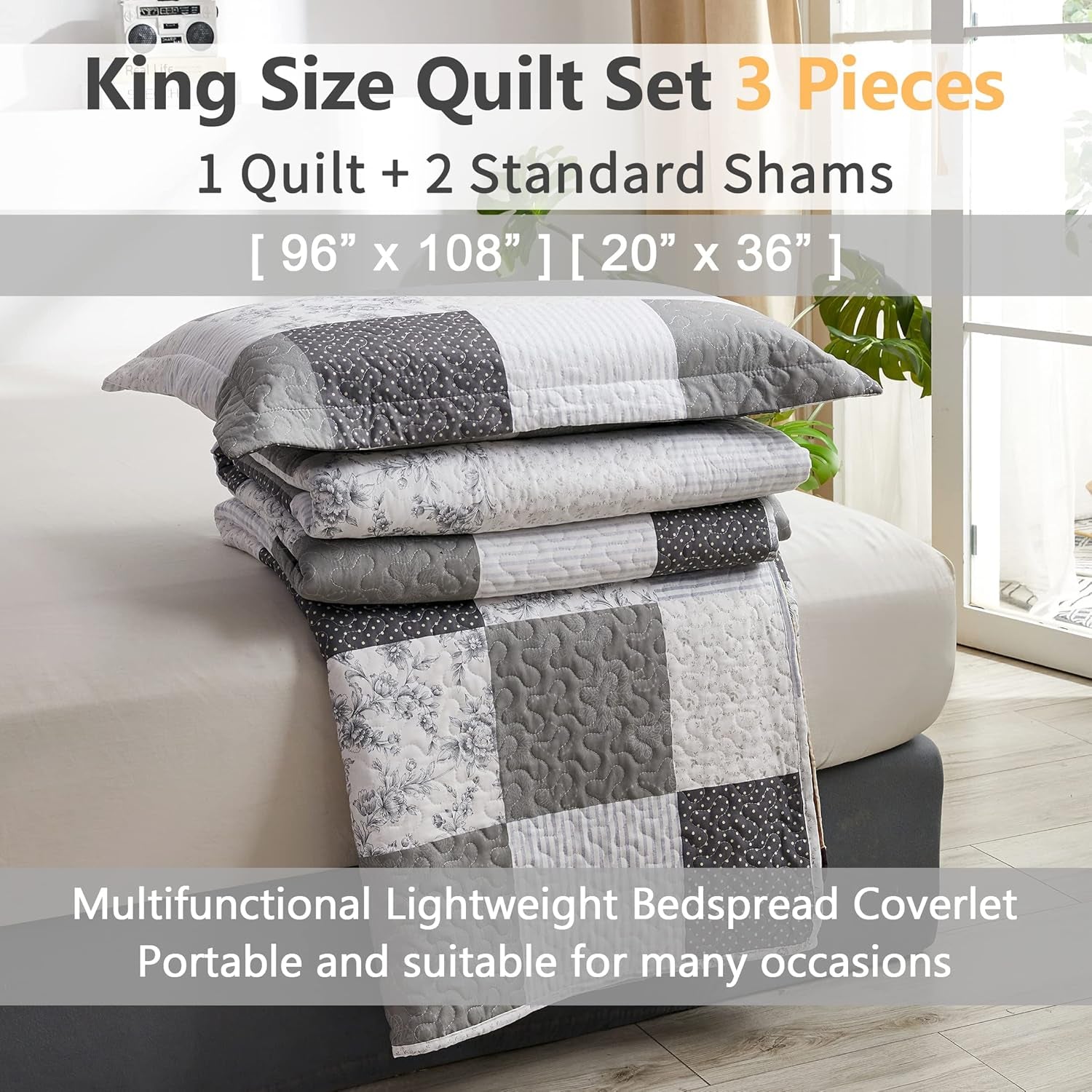 King Floral & Plaid Patchwork Quilt Set - Lightweight Reversible Bedspread - Grey & Black White Paisley Floral Quilt