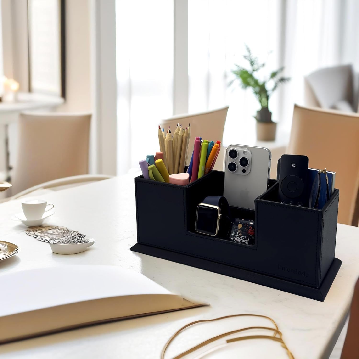 Desk Organizer, Desktop Caddy Leather Multi-Compartment Pen Holder Office Stationer Organizer, Black
