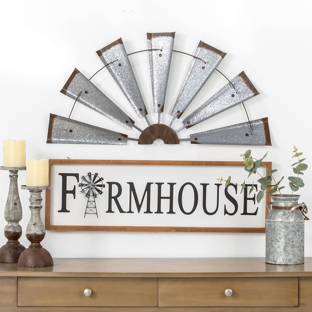 32" Rustic Galvanized Metal Half Windmill Wall Sculpture Farmhouse Wall Art Home Decor, Silver