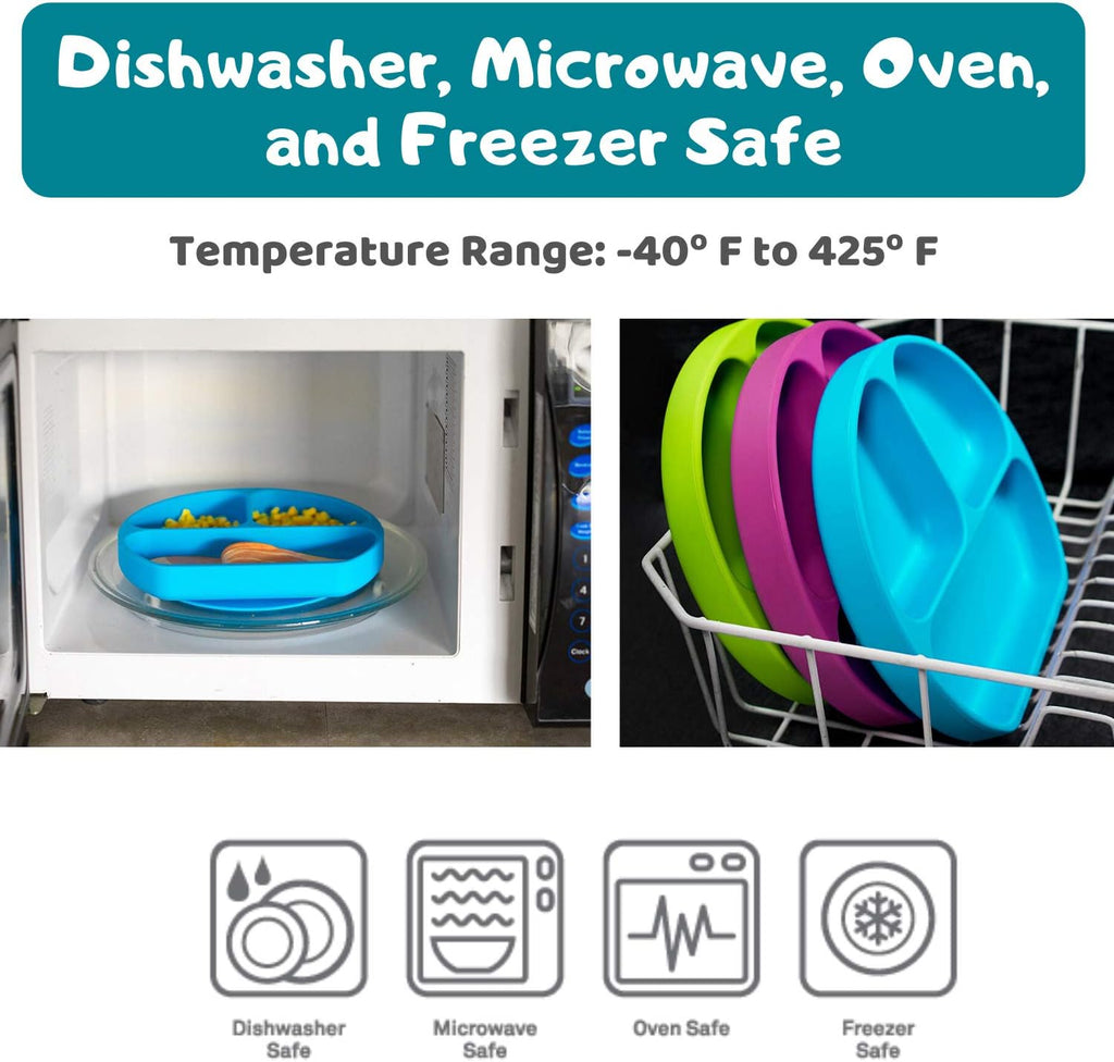 Suction Plate for Toddlers | BPA Free, 100% Food-Grade Silicone | Microwave, Dishwasher and Oven Safe | Stay Put Divided Baby Feeding Plates