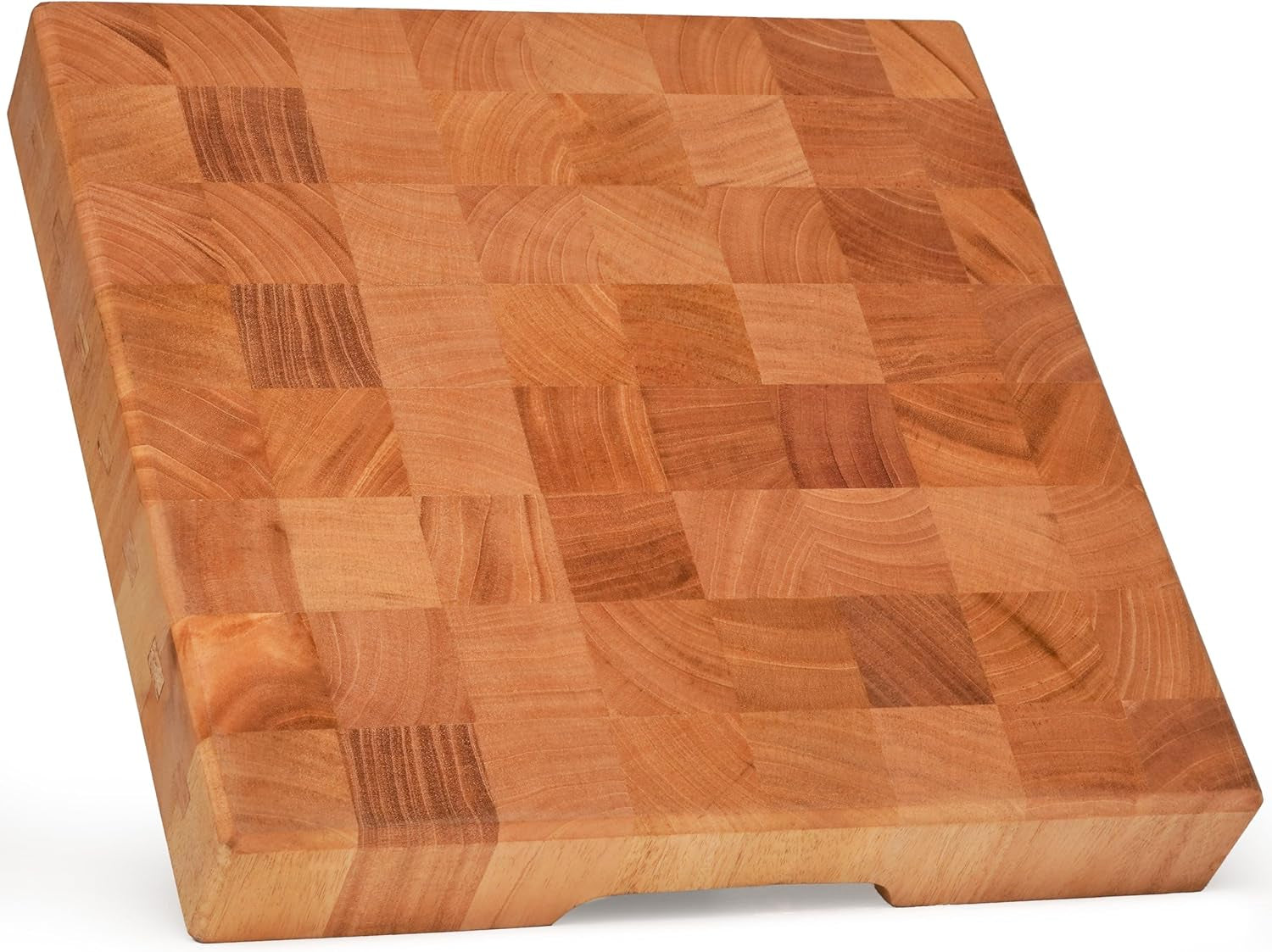 Mahogany End Grain Cutting Board 12.6×12.6×2 in with Holder – Handmade Checkered Butcher Block, Knife-Friendly, Non-Slip Feet, Ergonomic Handles