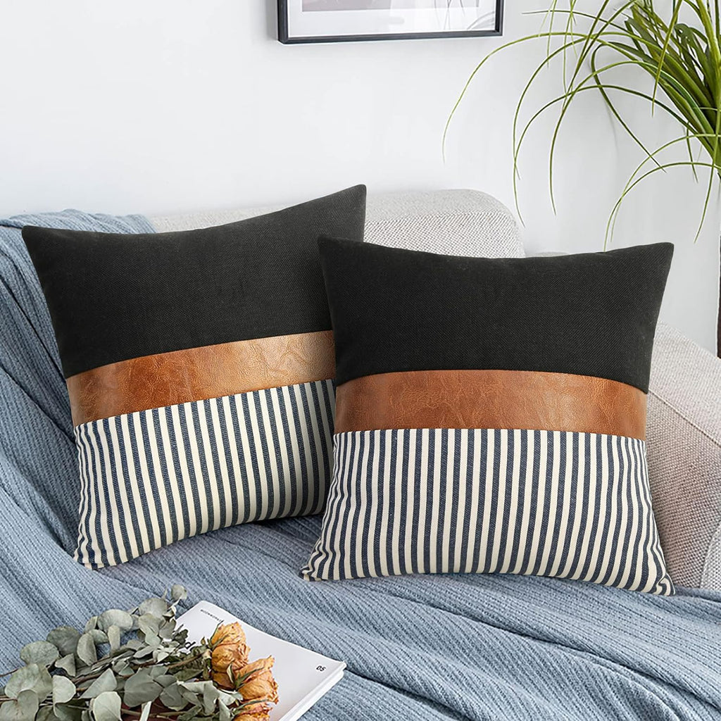 Set of 2 Farmhouse Decor Stripe Patchwork Black Linen Throw Pillow Covers,Modern Tan Faux Leather Accent Pillow Covers 18X18 Inch,Navy Blue Stripe