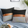 Set of 2 Farmhouse Decor Stripe Patchwork Black Linen Throw Pillow Covers,Modern Tan Faux Leather Accent Pillow Covers 18X18 Inch,Navy Blue Stripe
