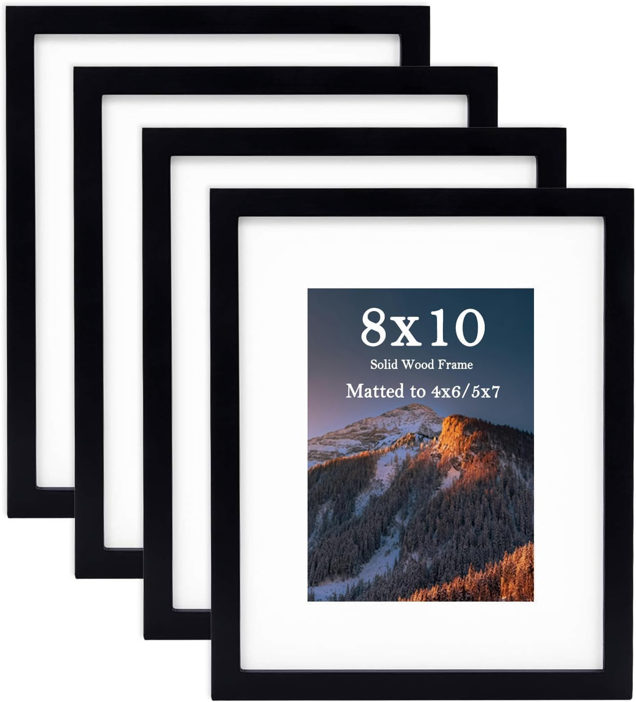 8X10 Picture Frame 4 Pack Made of Solid Wood and Strong Real Glass, Display 4X6 and 5X7 Photos with Mat or 8X10 without Mat, Home Decor for Wall and Tabletop, Gallery Gift Set, Black