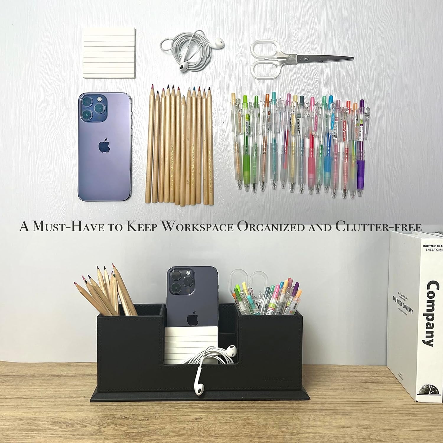 Desk Organizer, Desktop Caddy Leather Multi-Compartment Pen Holder Office Stationer Organizer, Black