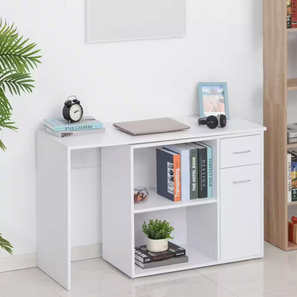 46 In. L-Shaped White Writing Computer Desk with Storage Shelves and Cabinet