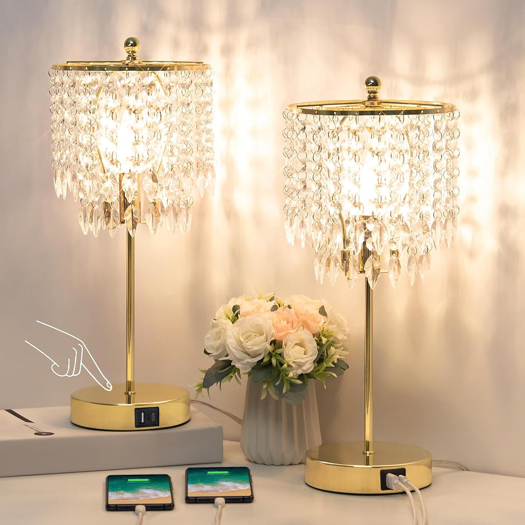 Crystal Table Lamp Set of 2, 3-Way Dimmable Nightstand Lamp with 2 USB Charging Ports, Gold Bedside Lamp for Bedroom, Touch Lamp with Elegant Shade for Living Room, B11 LED Bulb Included